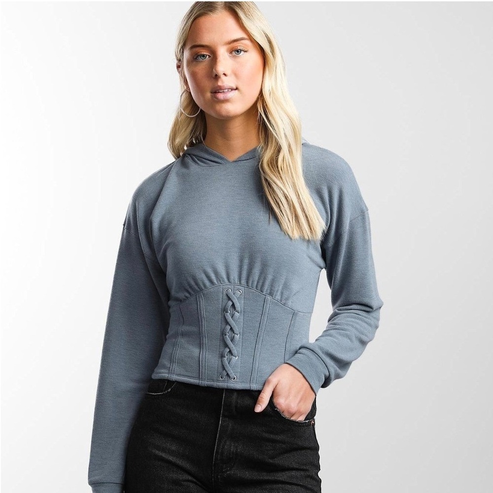 Gilded Intent Gray Long Sleeve Cropped Hoodie Top Corset Detail Smocked‎ Waist
